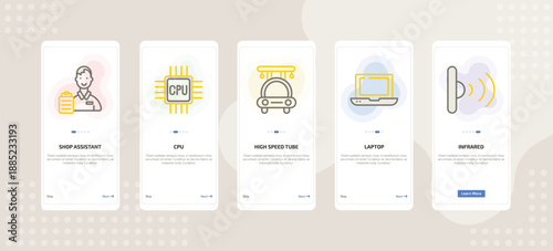 onboarding screen template for AI mobile app ui with shop assistant, cpu, high speed tube, laptop, infrared icons.