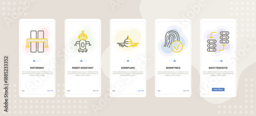 onboarding screen template for AI mobile app ui with motorway, robot assistant, aeroplane, biometrics, data transfer icons.
