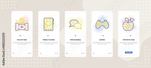 onboarding screen template for AI mobile app ui with field of view, mobile flexible display, speech bubble, gaming, synthetic food icons.