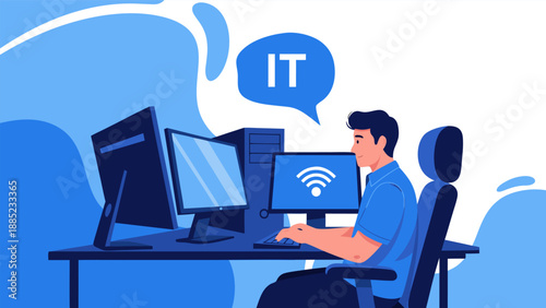 IT professional working on computer, digital technology vector illustration