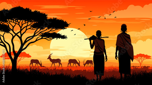 African Sunset Vector Illustration Two People Walking Past Antelopes on the Savannah