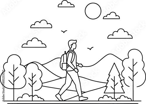 Minimalist line art illustration depicts a fit male hiker wearing a backpack walking outdoors through a natural landscape promoting active wellness.