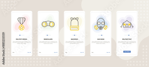 onboarding screen template for military and defense mobile app ui with militaty medal, binoculars, backpack, gas mask, militar tent icons.