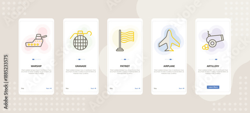 onboarding screen template for military and defense mobile app ui with warship, granade, patriot, airplane, artillery icons.
