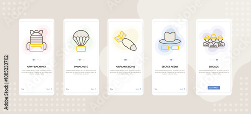 onboarding screen template for military and defense mobile app ui with army backpack, parachute, airplane bomb, secret agent, brigade icons.