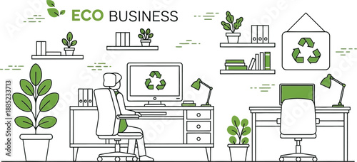 Minimalist line art illustration depicting an eco business office setting featuring a seated employee working diligently near multiple vibrant green potted plants and recycling symbols.