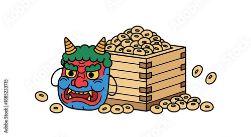 Vector illustration of a character oni mask beside a wooden chest overflowing with beans on a white background, depicting a Setsubun Bean Throwing Ritual scene with a playful and festive
