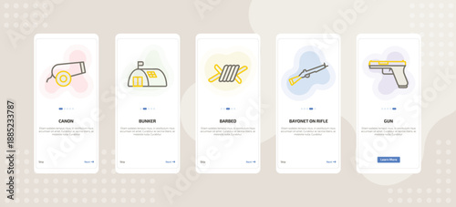 onboarding screen template for military and defense mobile app ui with canon, bunker, barbed, bayonet on rifle, gun icons.
