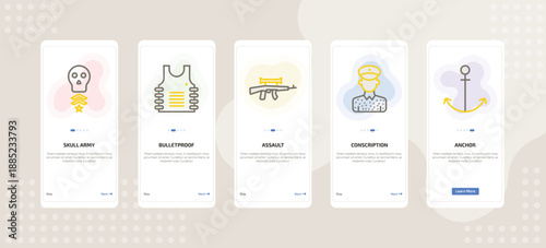 onboarding screen template for military and defense mobile app ui with skull army, bulletproof, assault, conscription, anchor icons.