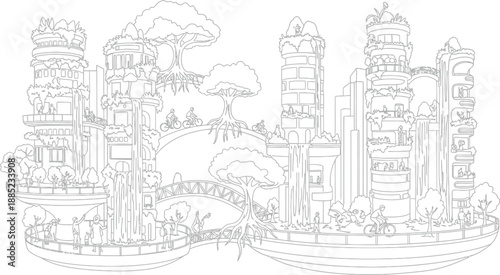 Outline drawing of a futuristic eco city featuring sustainable architecture integrated with abundant nature trees and cascading waterfalls creating harmonious urban landscapes.
