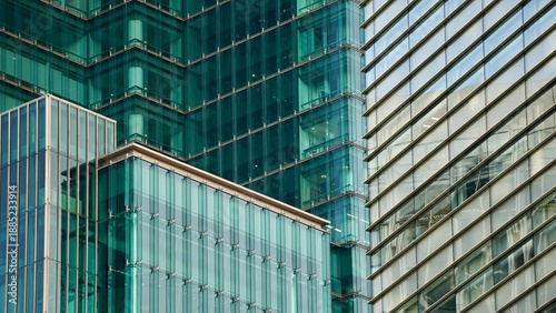 Closeup of solar fins on a glass curtainwall high-rise facade
