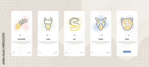 onboarding screen template for animals mobile app ui with centipede, lama, eel, camel, tiger icons.