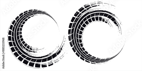Tire track. Tyre mark of car, bike, motorcycle with grunge effect on white background. Wheel footprint, road element, dirty rubber protector pattern.