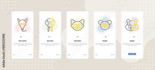 onboarding screen template for animals mobile app ui with ant eater, sea cow, raccoon, panda, snigir icons.