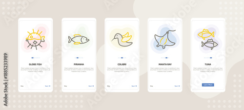 onboarding screen template for animals mobile app ui with globe fish, piranha, colibri, manta ray, tuna icons.