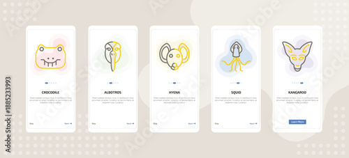 onboarding screen template for animals mobile app ui with crocodile, albotros, hyena, squid, kangaroo icons.
