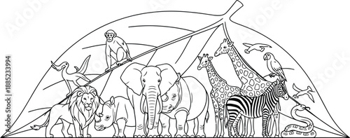 Line art illustration depicting various endangered African animals gathered safely beneath the protective canopy of a large stylized leaf symbolizing conservation efforts for biodiversity.