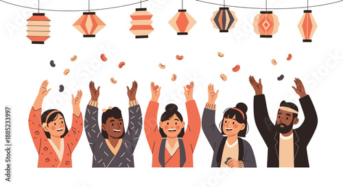 Illustration of diverse people throwing beans in a Setsubun celebration with a character oni, surrounded by lanterns and confetti on a white background.