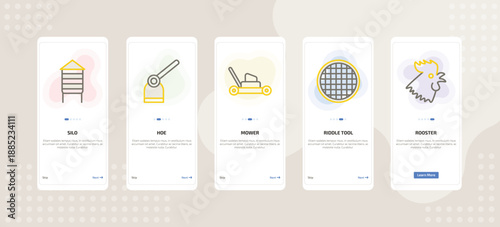 onboarding screen template for farming and gardening mobile app ui with silo, hoe, mower, riddle tool, rooster icons.