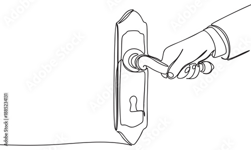 Hand opening a door with a continuous line drawing style