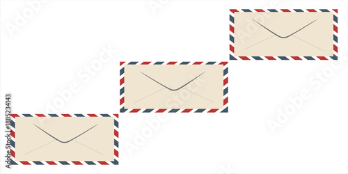 Air mail letter. Post stamp. Airmail frame postcard. Blue red stripes pattern.