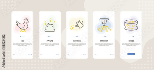 onboarding screen template for farming and gardening mobile app ui with hen, manure, watering, sprinkler, cheese icons.