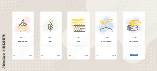 onboarding screen template for farming and gardening mobile app ui with hanging pot, oat, bale, plant sprout, wood logs icons.