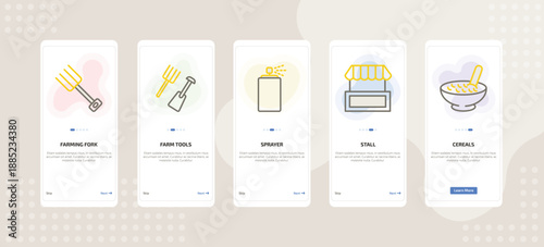 onboarding screen template for farming and gardening mobile app ui with farming fork, farm tools, sprayer, stall, cereals icons.