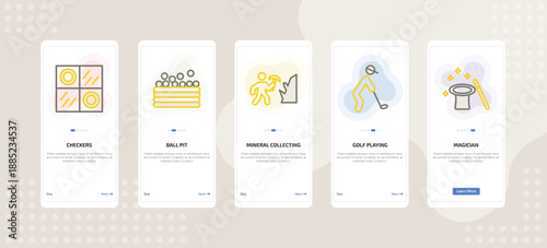 onboarding screen template for daily life activities mobile app ui with checkers, ball pit, mineral collecting, golf playing, magician icons.