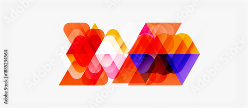 Abstract geometric shapes overlap, creating vibrant colorful design. Bright hues blend, forming dynamic visual composition.