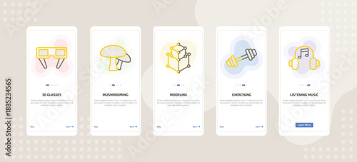 onboarding screen template for daily life activities mobile app ui with 3d glasses, mushrooming, modeling, exercising, listening music icons.