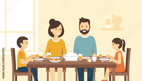 Family dining at home a cheerful illustration parents and children enjoying meal together bright day