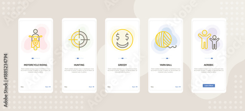 onboarding screen template for daily life activities mobile app ui with motorcycle riding, hunting, greedy, yarn ball, aerobic icons.
