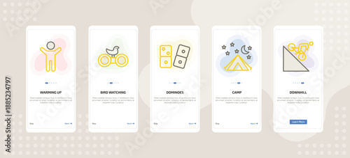 onboarding screen template for daily life activities mobile app ui with warming up, bird watching, dominoes, camp, downhill icons.