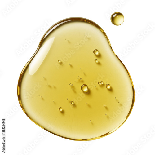 Golden liquid viscous fluid oil drop, a cosmetic serum and skincare product, showcasing rich texture and hydration benefits on a clean white background.