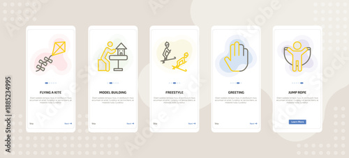 onboarding screen template for daily life activities mobile app ui with flying a kite, model building, freestyle, greeting, jump rope icons.