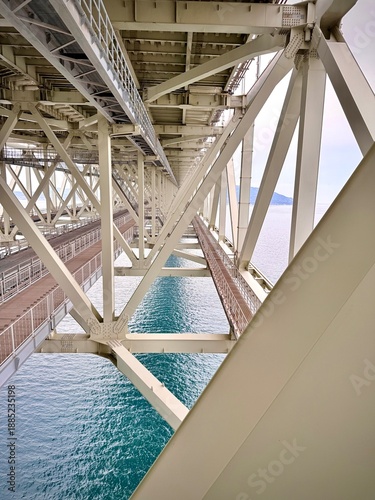 Closeup of steel support structures of a suspension bridge