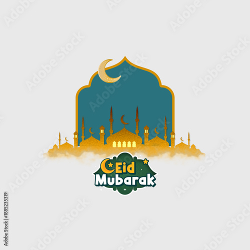 islamic greeting eid mubarak card design with beautiful crescent and lantern