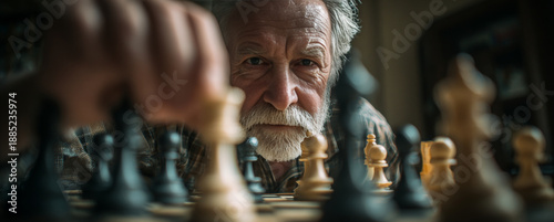 Elderly man with gray hair and beard deeply concentrating on a chess game, contemplating moves in a thoughtful manner
