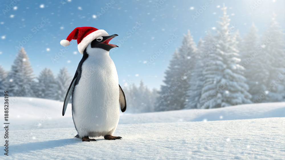 Fototapeta premium Penguin wearing a Santa hat stands in snowy landscape with trees during winter season singing Christmas carols