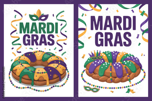 Mardi Gras King Cake with Mask and Beads