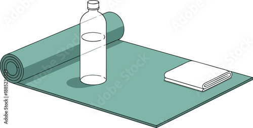 Essential exercise equipment laid out for a relaxing and refreshing yoga session including a rolled mat water bottle and towel