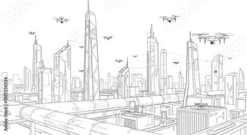 Futuristic cityscape illustration depicting interconnected quadcopter drones flying above advanced architectural skyscrapers and transparent transport tubes below