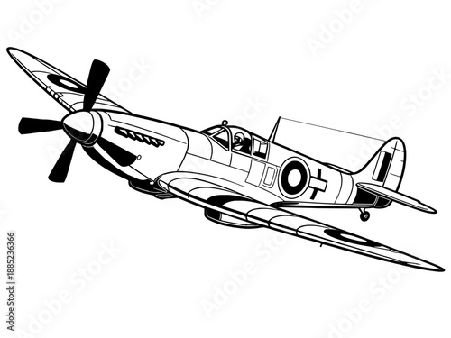 British Supermarine Spitfire WWII fighter plane line art, vintage military aircraft vector illustration