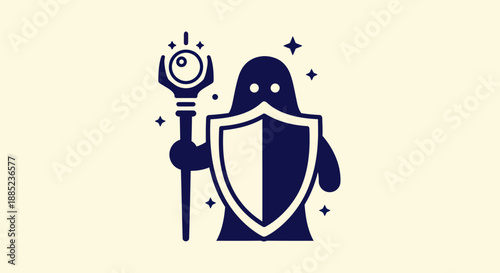 Abstract figure with shield and staff