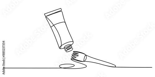 Continuous line drawing illustrating a paint tube and brush creating art