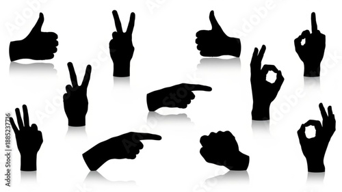 Collection of Silhouette Hand Gestures and Symbols on White Background.
