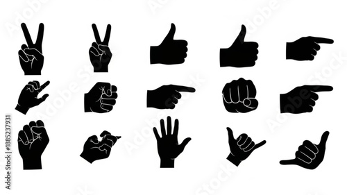 Collection of Black Hand Gestures Silhouettes Isolated on White Background.