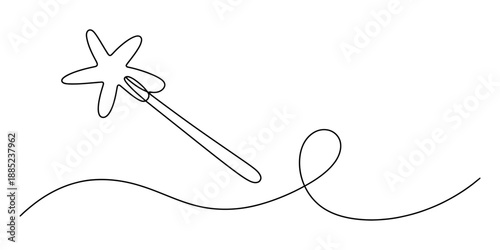 Continuous line art drawing of a magic wand with a star shape and magical trace