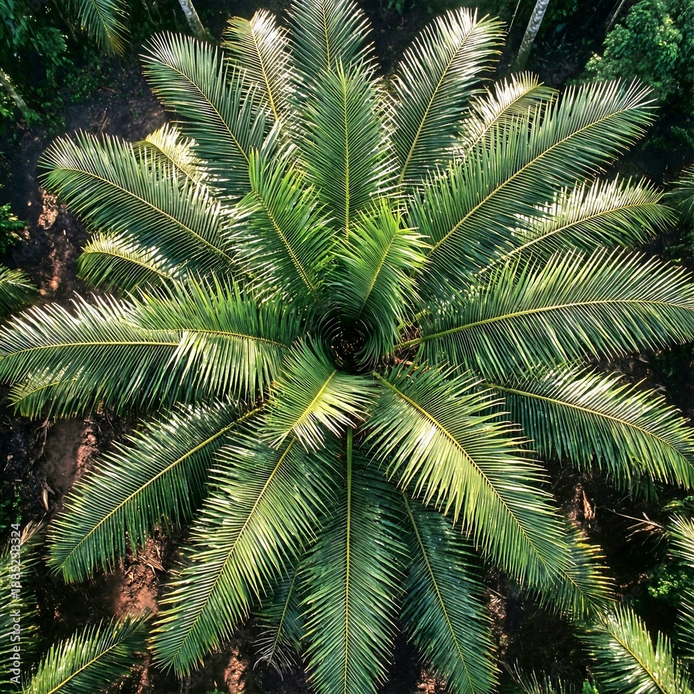 Fototapeta premium Beautiful top-down aerial view of a vibrant green palm tree. Symmetrical tropical palm leaves pattern on dark soil background, perfect for summer, nature, and exotic travel themes.